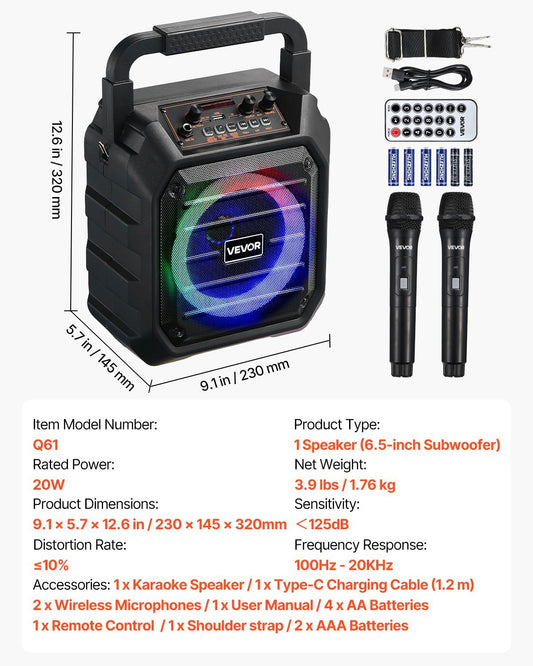 Karaoke Machine For Adults 6.5 In Portable Bluetooth Speaker With 2 Wireless Mic