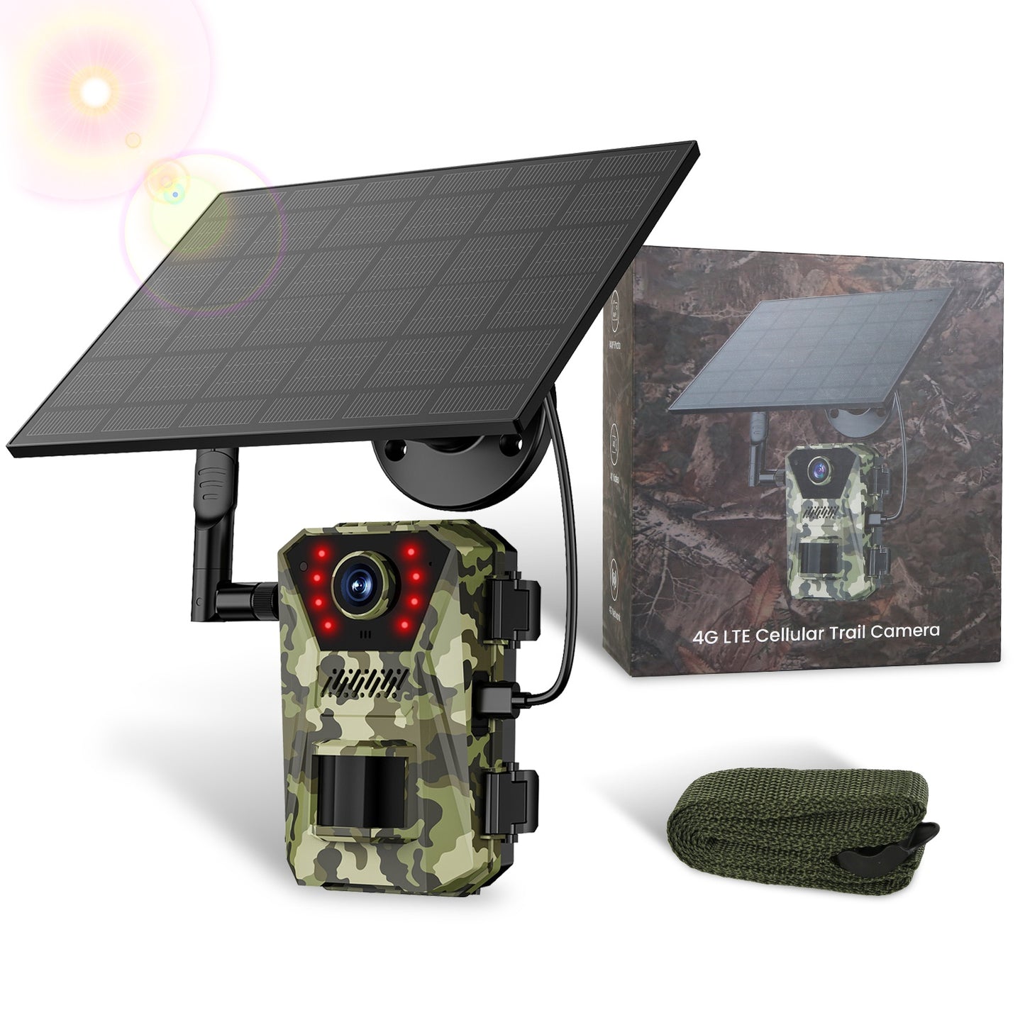 1Pc 4G 4K 30FPS Solar Trail Camera Outdoor Wildlife Camera Motion Activated IP66 Waterproof With 140 Degree Viewing Angle No Glow Night Vision SIM Card APP Control No WiFi Needed