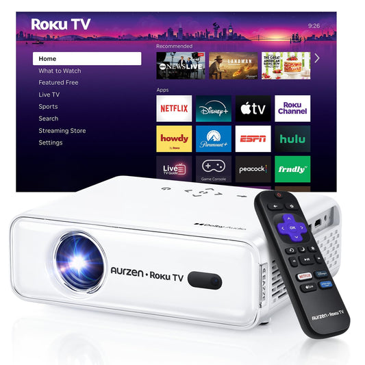 Aurzen Roku TV Smart Projector with Wifi and Bluetooth, Roku TV Built-in, 1080P FHD, DoIby Audio, Auto Focus & Keystone, Zoom, Movie Portable Outdoor Mini Projector for Soccer Football Game, White