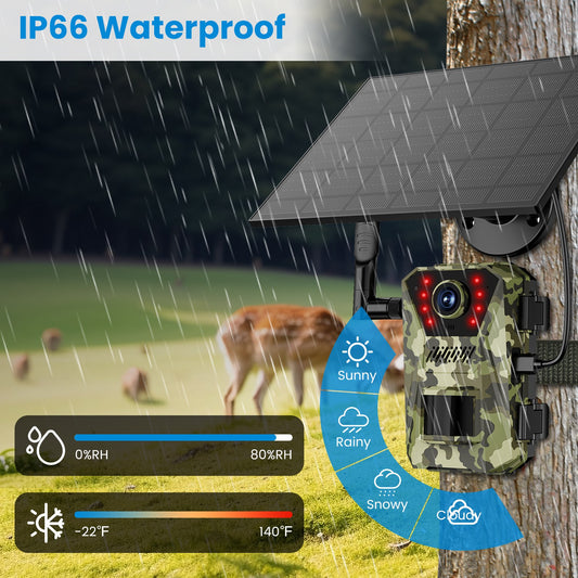 1Pc 4G 4K 30FPS Solar Trail Camera Outdoor Wildlife Camera Motion Activated IP66 Waterproof With 140 Degree Viewing Angle No Glow Night Vision SIM Card APP Control No WiFi Needed