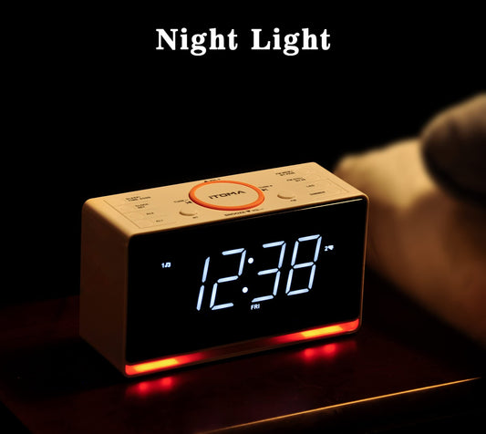 1pc White LED Alarm Clock Radio With Wireless Speaker, FM Radio, Dual Alarm And USB Charger , Bedside Desk Clock With Adjustable Dimmer And Night Light